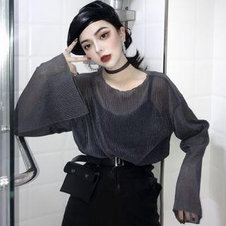 Set: Bell-sleeve Ribbed Chiffon Blouse + Camisole Top Camisole Top - Black - One Size / Blouse - Black - One Size
