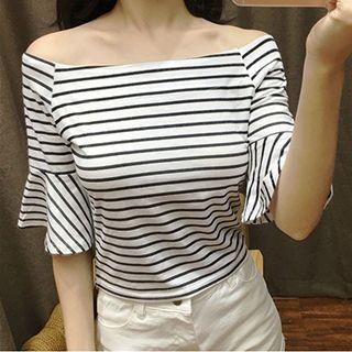 Stripe Off-shoulder Bell-sleeve Top