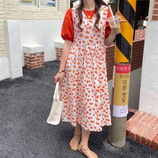 Set: Short-sleeve Top + Fruit Print Midi Overall Dress