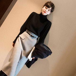 Mock Neck Long-sleeve Plain Top + High-waist Slim Fit Skirt