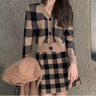 Plaid Cardigan / Mini A-line Knit Skirt / Blazer