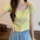 Short-sleeve Square-neck Button-up Cropped T-shirt