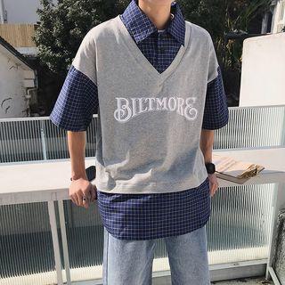 Elbow-sleeve Mock Two-piece Plaid Shirt