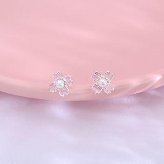 925 Sterling Silver Sakura Faux Pearl Earring 1 Pair - As Shown In Figure - One Size