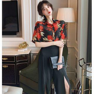 Short-sleeve Floral Shirt / Slit Wide Leg Pants