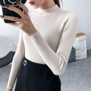 Mock-neck Long-sleeve Ribbed Knit Top