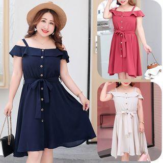 Cold Shoulder Buttoned A-line Dress