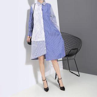 Tie Waist Striped Shirtdress Blue - One Size