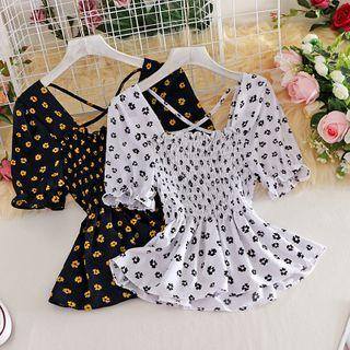 Floral Pleated Puff-sleeve Dress
