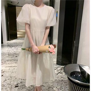 Puff-sleeve Plain Mesh Midi Dress