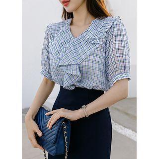 Ruffle-trim Sheer Plaid Blouse