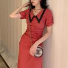 Short-sleeve Contrast Trim Crinkled A-line Midi Dress