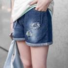 Star Embroidered Distressed Washed Denim Shorts