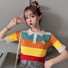 Short-sleeve Color Block Knit Polo Shirt Stripe - Multicolor - One Size