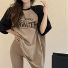 Short-sleeve Lettering T-shirt Khaki - One Size