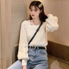 Cable Knit Square-neck Lantern-sleeve Sweater