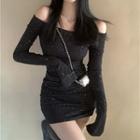 Long-sleeve Off-shoulder Glitter Mini Sheath Dress Black - One Size