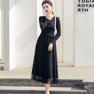 Mock Two-piece Long-sleeve Mesh Panel Midi A-line Dress