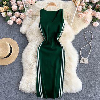 V-neck Color Panel Striped Knit Dress