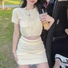 Set: Short-sleeve Knit Top + Mini Pencil Skirt Set - Almond - One Size