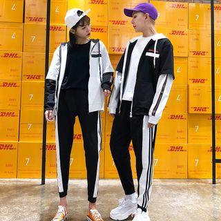 Couple Matching Mock Two Piece Hooded Zip Jacket