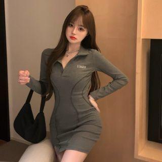 Long-sleeve Half-zip Lettering Mini Sheath Dress