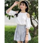 Elbow-sleeve Cold-shoulder Top / Striped High-waist Shorts