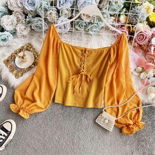 Lace-up Off-shoulder Chiffon Blouse