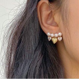 Faux Pearl Heart Ear Stud 1 Pair - White Faux Pearl - Gold - One Size