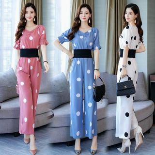 Set: Short-sleeve Polka Dot Top + Wide-leg Pants