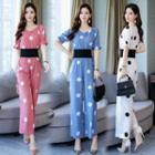 Set: Short-sleeve Polka Dot Top + Wide-leg Pants