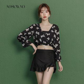 Set: Bikini Top + Bow Print Cover-up Top + Swim Skirt