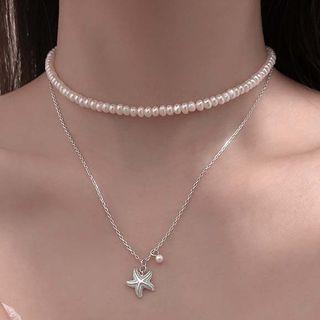 Starfish Pendant Faux Pearl Layered Choker Silver - One Size