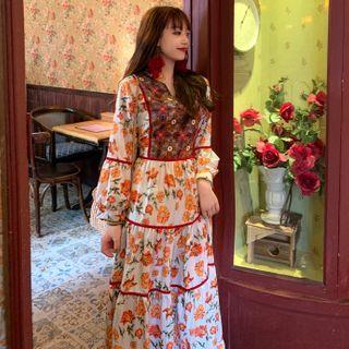 Long-sleeve Embroidered Floral Print A-line Maxi Dress