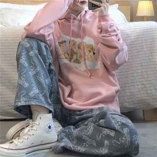 Fleece Printed Hoodie Pink - One Size