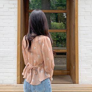 V-neck Patterned Peplum Blouse Pink - One Size