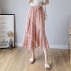 Floral Print Chiffon Ruffle Midi A-line Skirt