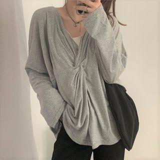 Set: Long-sleeve Crinkled T-shirt + Tank Top Gray - One Size