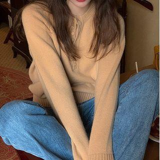 Long-sleeve Plain Knit Top Khaki - One Size