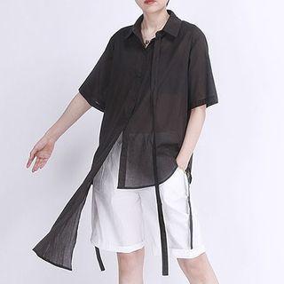 Plain Strappy Asymmetric Short-sleeve Shirt