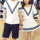 Set: Short-sleeve Print Couple Matching T-shirt + Shorts / A-line Skirt