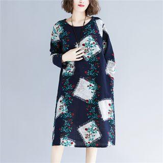 Long-sleeve Floral Print Midi Shift Dress Floral - One Size