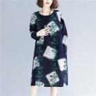 Long-sleeve Floral Print Midi Shift Dress Floral - One Size