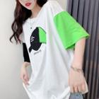 Elbow-sleeve Graphic Print Color Block T-shirt