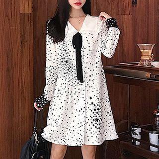 Star Print Long-sleeve Collared Dress