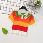 Short-sleeve Flower Detail Striped Cropped Knit Polo Shirt Green - One Size