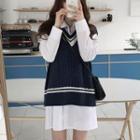 Long-sleeve Mini A-line Shirt Dress / Knit Vest