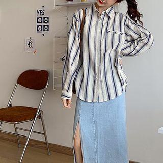 Pinstripe Oversize Long-sleeve Shirt Blue - One Size