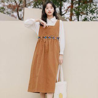 Embroidered Midi A-line Overall Dress
