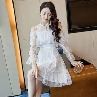 Long-sleeve Cold-shoulder Sequined Mini A-line Dress